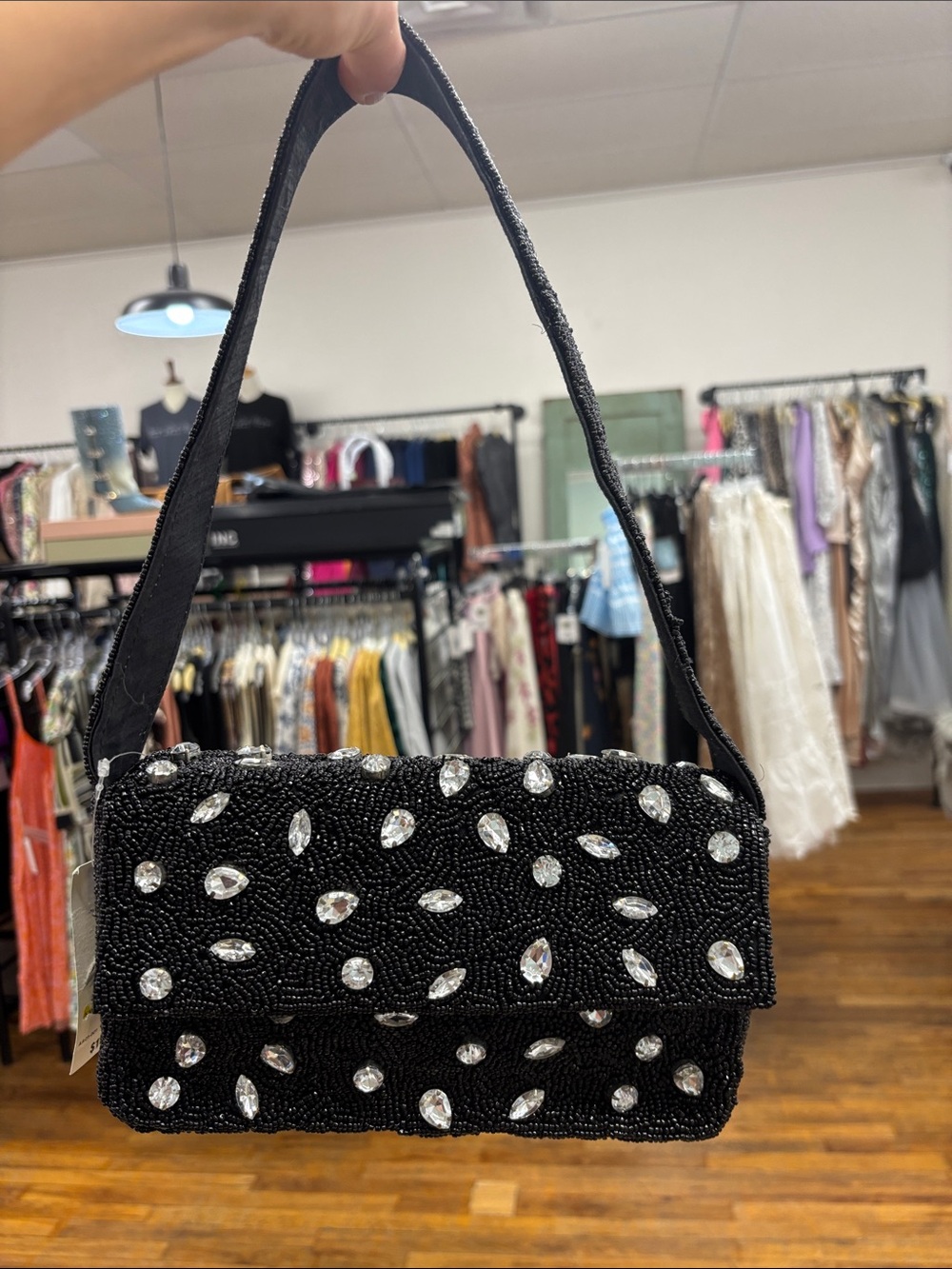 On the 34th Black Beaded Crystal-Embellished Evening Clutch